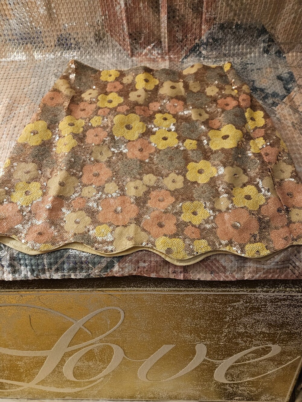 Sequin Floral Mini Skirt in Yellow & Peach